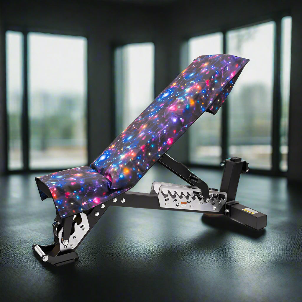 galaxy_print_hooded_gym_towel_on_weight_bench