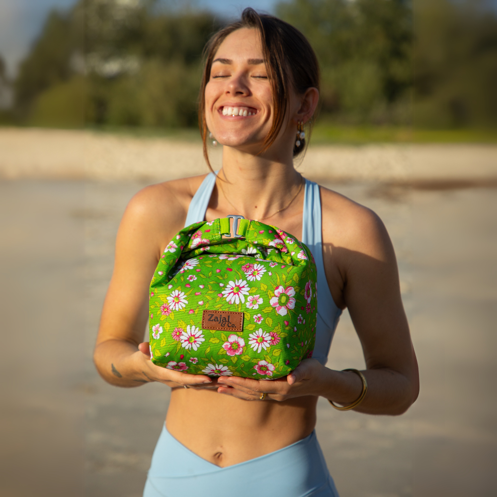 green_floral_lunch_bag_for_picnic_or_gym_days