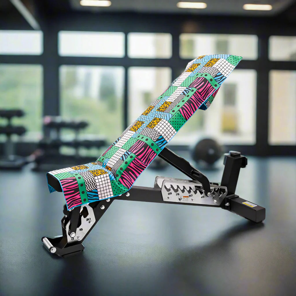 hooded_gym_towel_on_bench_colorful_tribal_print