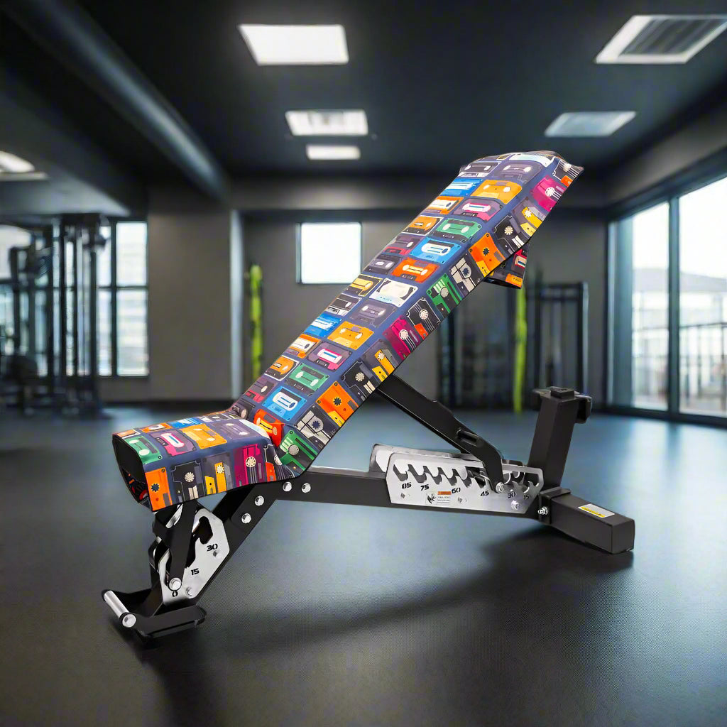 hooded_gym_towel_on_bench_with_retro_cassette_print
